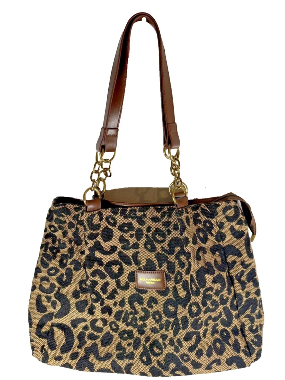 Leopard Print Woven Shoulder Tote Bag Purse Gold Tone Chain Hardware Mob Wife